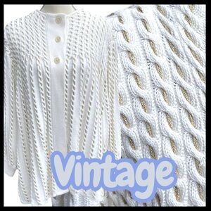 Vintage Les Details White/Metallic Gold Oversized Cable Knit Swing Cardigan (M)